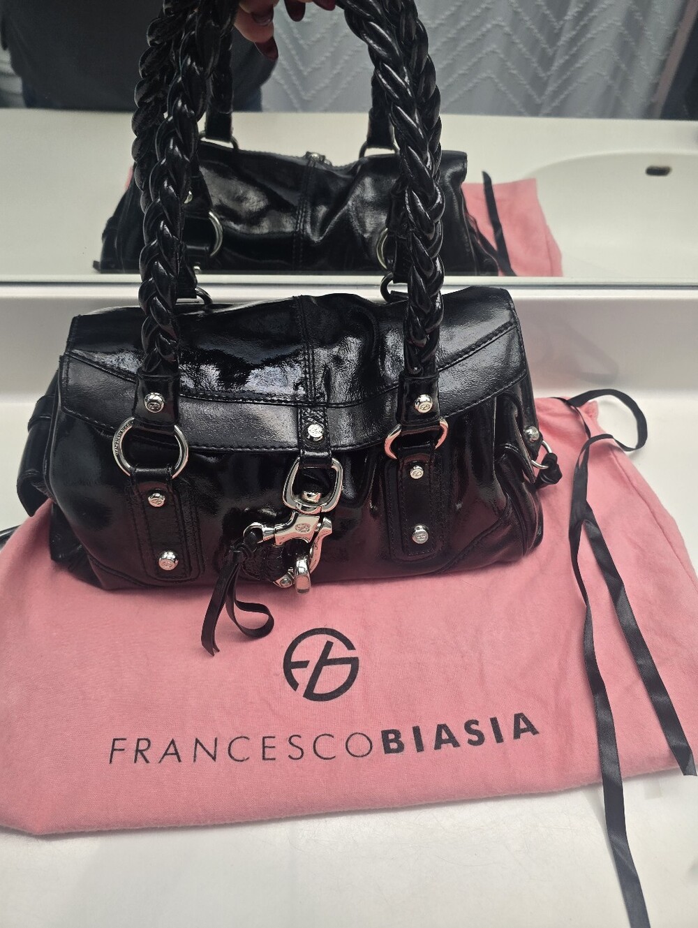 Francesco Biasia Black Patent Braided-Handle Shoulder Bag